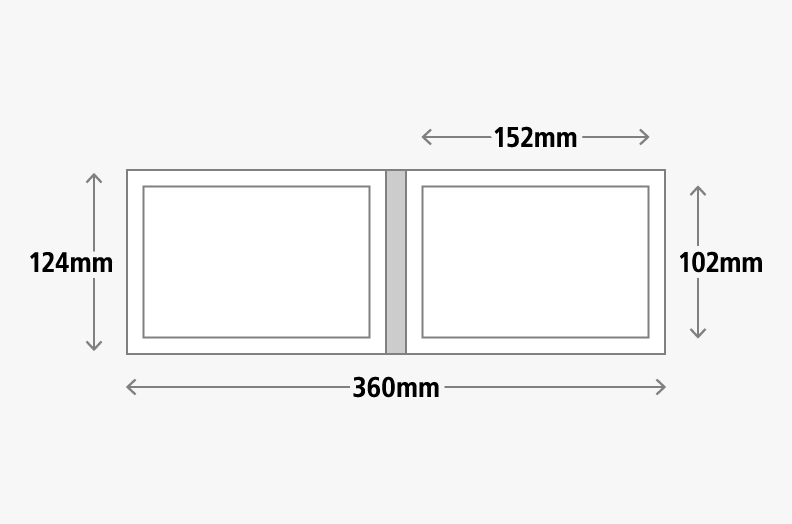 商品仕様：Mサイズ 横（プリントサイズ：KGサイズプリント）のサイズを表す画像。商品サイズは、見開きで縦124mm、横360mm。写真1枚の印刷サイズは、縦102mm、横152mm。
