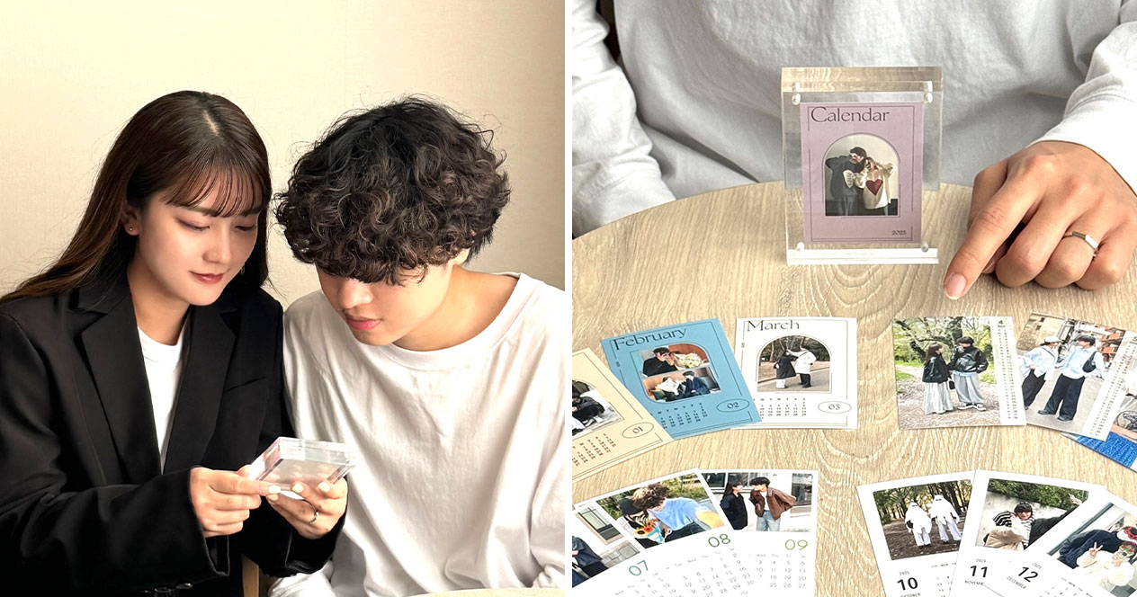 mayuさんと夫のgucciさんが二人で「アクリルmini」を見ている写真と、複数のデザインで作成した「アクリルmini」のカレンダーが並んでいる写真